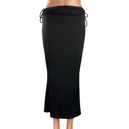 Princess Polly Women's Black Ribbed Ruched Tie Midi Straight Pencil Skirt Size 6