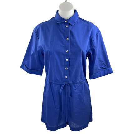 NEW MNG Mango Blue Short Sleeves Button Front Tie Waist Jumpsuit Romper Size S