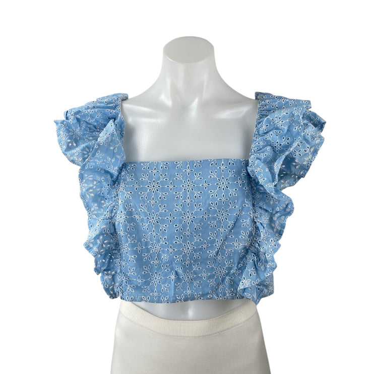 BCBGeneration Blue Ruffle Sleeve Embroidered Floral Eyelet Blouse Crop Top Sz M