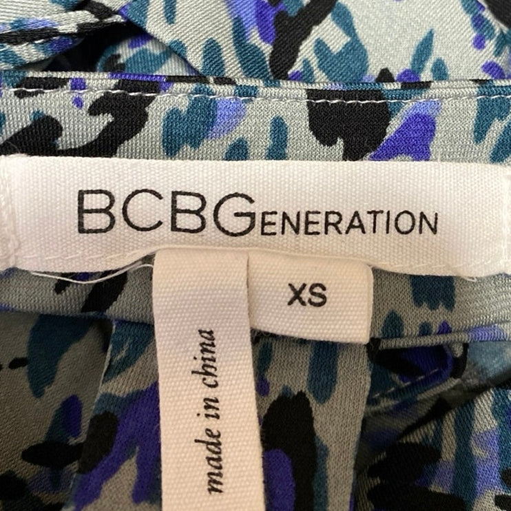 BCBGeneration Blue Abstract Long Sleeve Faux Wrap Mini Sheath Dress Size XS