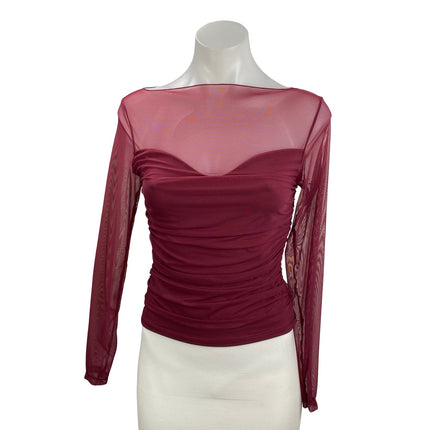Suuksess Women's Red Sheer Mesh Ruched Boat Neck Long Sleeve Tee Blouse Top Sz S