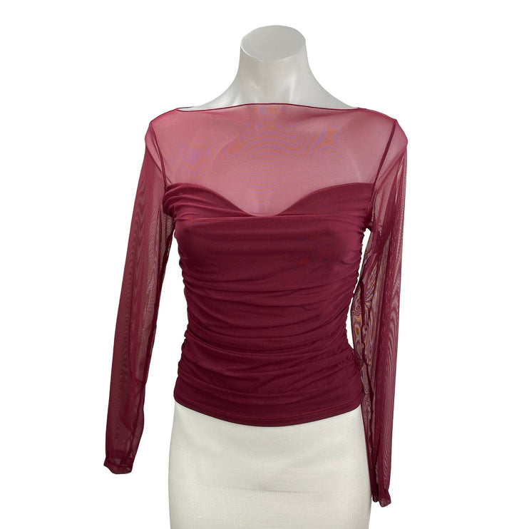 Suuksess Women's Red Sheer Mesh Ruched Boat Neck Long Sleeve Tee Blouse Top Sz S