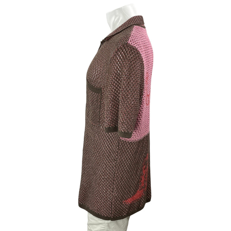 Zara Men's Brown Pink Cowboy Western Crochet Button Down Shirt Top Size L