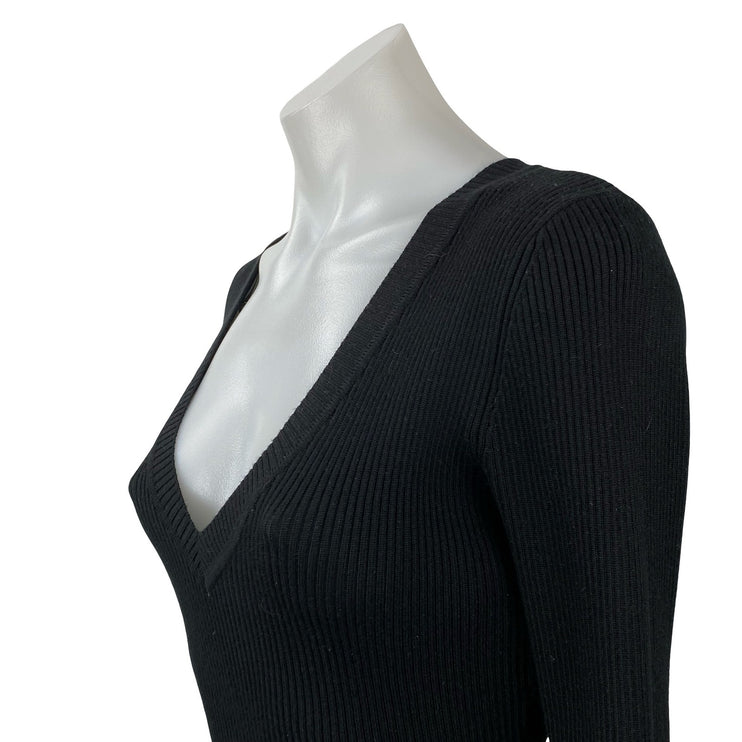 Missguided Black Ribbed Knit Long Sleeve Deep V Neck Mini Bodycon Dress Size 6