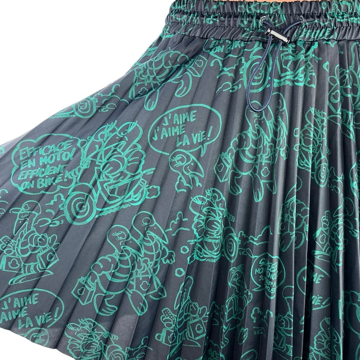 Moncler Green Black Pleated Graphic High Waisted Drawcord A Line Mini Dress M