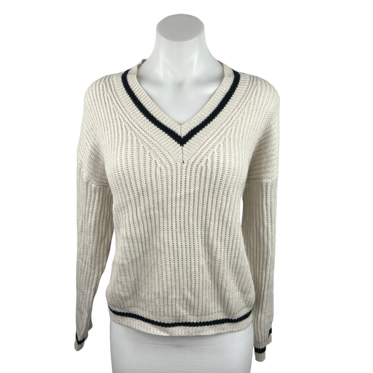 Shein Women's Knit Ribbed Cream V-Neck Long Sleeves Pullover Sweater Top Size 6