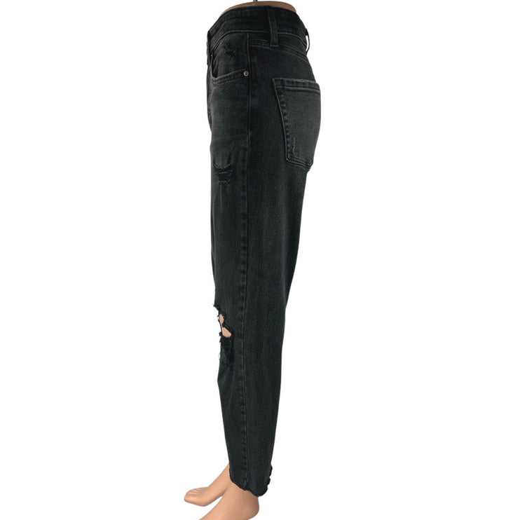 Women's Black High Rise Distressed Straight Wide Leg Crop Denim Jeans Pants Sz 2