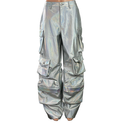AFRM Women's Silver Metallic High Rise Bloomer Wide Leg Baggy Cargo Pants 26