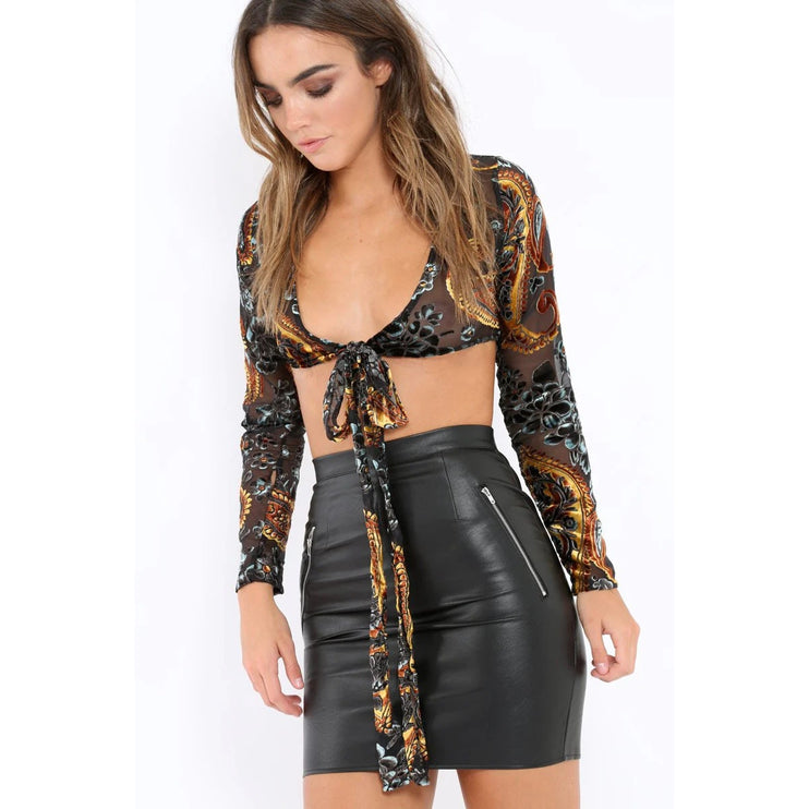 Tiger Mist Black Paisley Floral Sheer Velvet Velour Long Sleeve Crop Top Size S