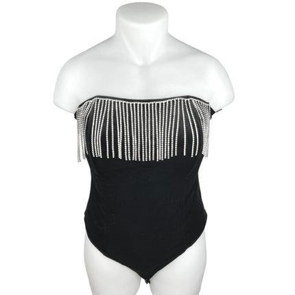 Forever 21 Black Velvet Velour Fringe Rhinestone Strapless Tube Bodysuit Top 1X