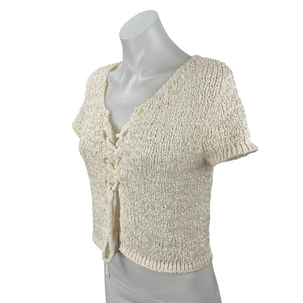 MNG Mango Bow Closure Cream Open Knit Crochet Cap Sleeve Cardigan Blouse Top M