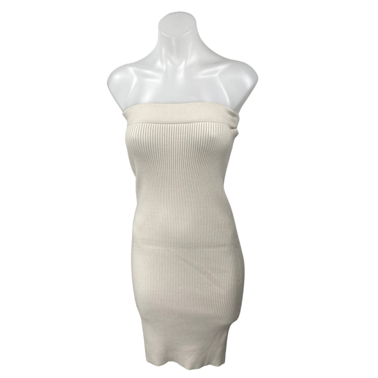 Zara Beige Strapless Sleeveless Ribbed Knit Tube Bandeau Mini Bodycon Dress Sz S