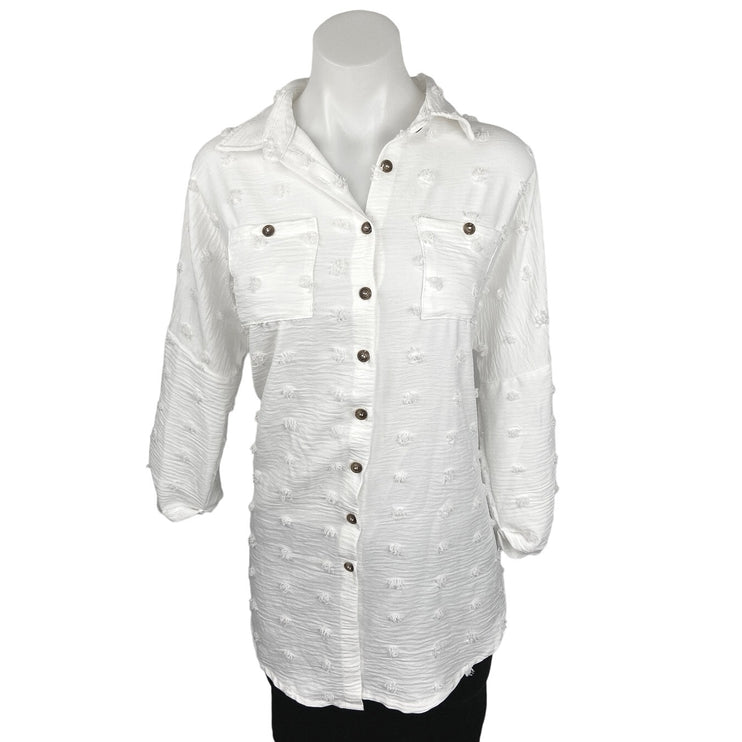 Women's White Fringe Chest Pocket Long Sleeve Button Down Shirt Top One Size