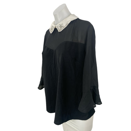 Faith and Joy Women's Black Mesh Long Sleeve Collared Layered Blouse Top Size L