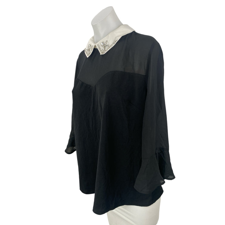 Faith and Joy Women's Black Mesh Long Sleeve Collared Layered Blouse Top Size L