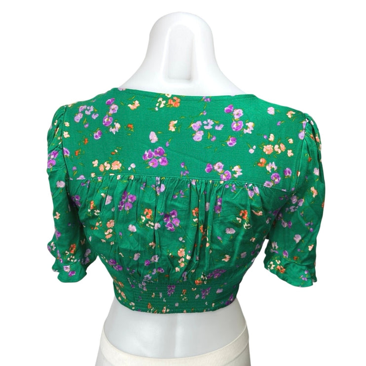 Urban Outfitters Green Floral Hook & Eye Smocked Puff Sleeve Crop Top Blouse XS