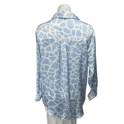 Zara Blue White Silk Satin Animal Print Long Sleeve Button Down Shirt Top Size S