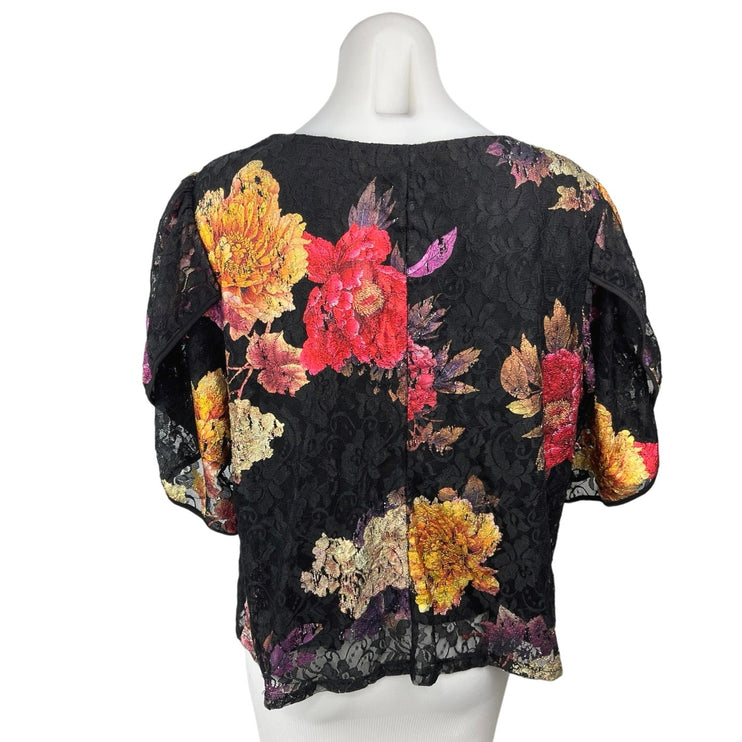 Anthropologie Black Metallic Lace Floral Print Short Puff Sleeve Blouse Top 1X