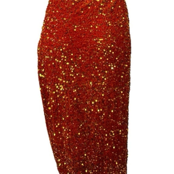 Women's Orange Sequin One Shoulder Slit Evening Gown Maxi Tank Bodycon Dress M