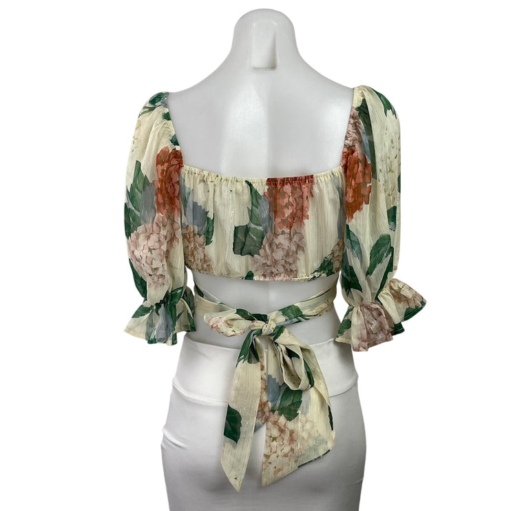 A.Peach Multicolor Floral Metallic Half Puff Sleeve Tie Blouse Crop Top Size S