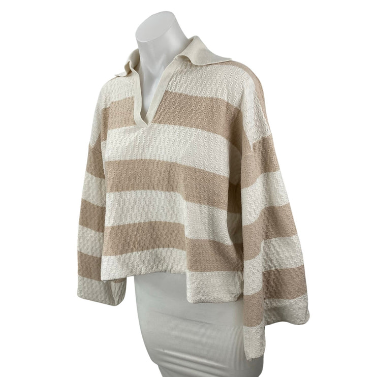 Princess Polly Beige White Striped Textured Knit Long Sleeve Polo Sweater Top 4