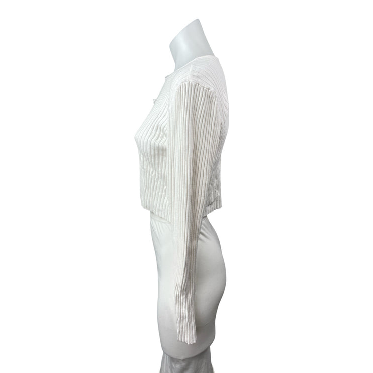 Urban Outfitters White Ribbed Knit Long Sleeve Button Down Sweater Crop Top Sz L