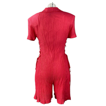 Scarlett International Red Short Sleeve Button Down Lace Up Jumpsuit Romper 9/10