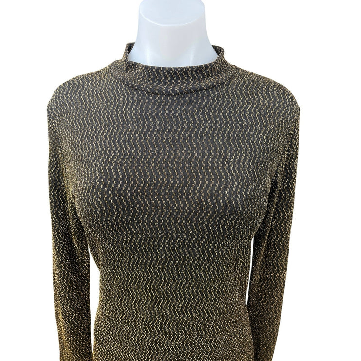 Boohoo Black Gold Metallic Knit Mock Neck Long Sleeve Bodycon Sweater Dress 10