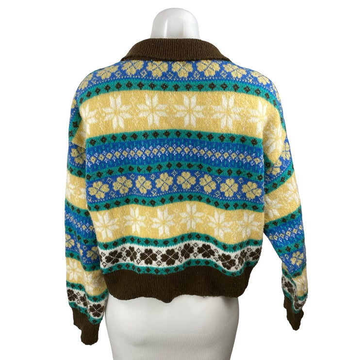 24Colours Fair Isle Collared Long Sleeve Button Down Crop Cardigan Sweater Top M