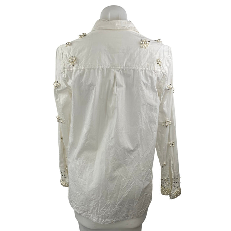 Anthropologie Maeve Women's White Beaded Long Sleeve Button Down Shirt Top XS