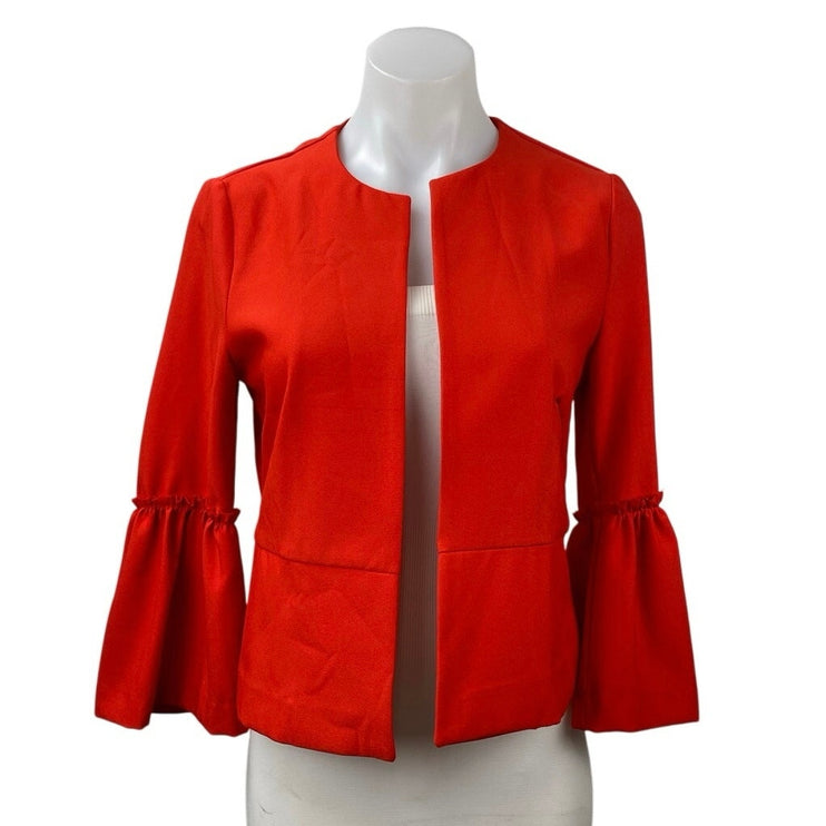 Zara Women's Red Open Front Ruffle Long Bell Sleeve Blazer Coat Jacket Size S