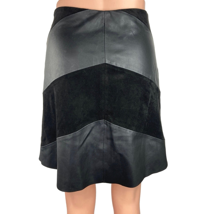 Zara Black Faux Leather Suede Chevron Pattern Side Zipper A-Line Mini Skirt Sz S