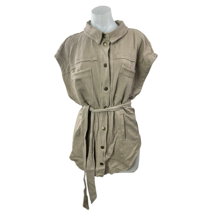 Anthropologie Pilcro Women's Beige Ribbed Knit Tie Tunic Button Down Shirt Top M