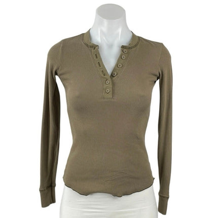 Skims Olive Green Ribbed Knit Sculpt Long Sleeve Henley T Shirt Tee Top Size XS