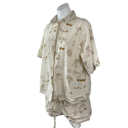 By Frankie Beige Island Graphic Print Button Up Shirt Shorts 2 Pc Set Size L