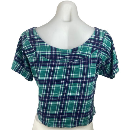 Vintage S.E.A.L Blue Green Ruckus Plaid Flannel Short Sleeve Crop Top Blouse S