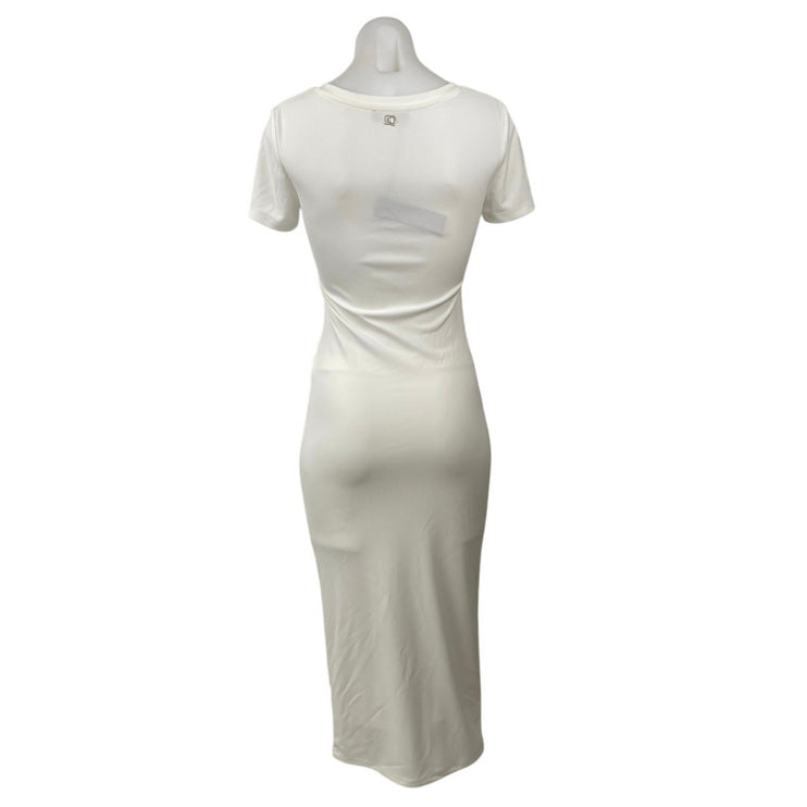 NEW Donna Karan Women's White Ruched V-neck Short Sleeve Midi Bodycon Dress Sz S