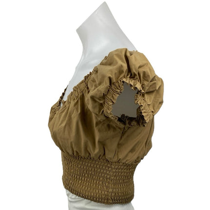 Danielle Bernstein Brown V-neck Smocked Short Puff Sleeve Crop Blouse Top Size M