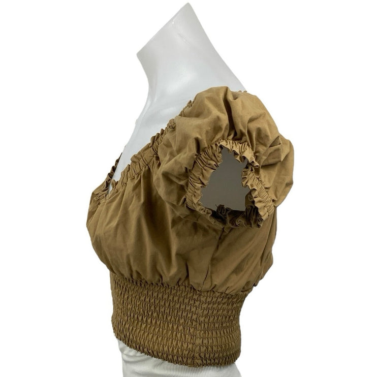 Danielle Bernstein Brown V-neck Smocked Short Puff Sleeve Crop Blouse Top Size M
