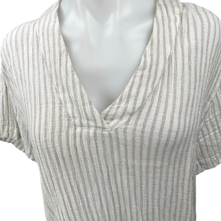 Outerknown White Gray Linen Striped V-neck Short Sleeve Shirt Blouse Top Size M