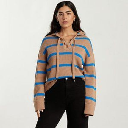 Everlane The Laceup Smock Tan Blue Striped Knit Long Sleeve Sweater Top Size L