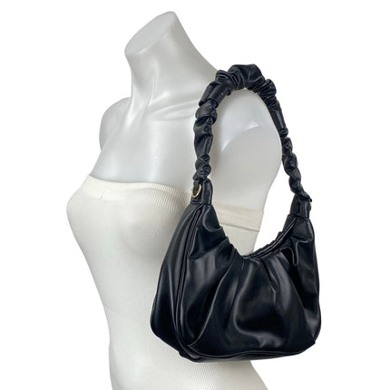 Petite Simone Black Pleated Faux Leather Vegan Tote Hobo Crescent Handbag OS