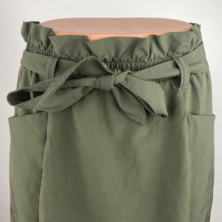 Mondetta Green Belted High Waisted Pockets Paperbag Pencil Mini Skirt Size M