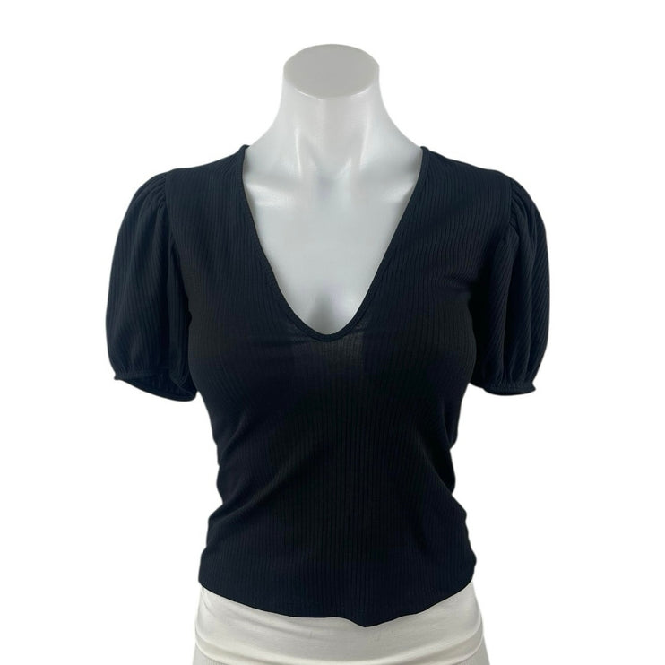 Zara Women's Black Ribbed Knit V-neck Short Puff Sleeve Crop Blouse Top Size S