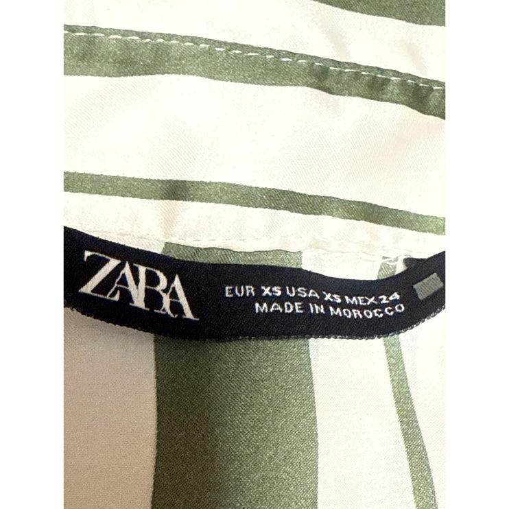 Zara Women's Green Satin Striped Collared Long Sleeve Button Down Shirt Top XS