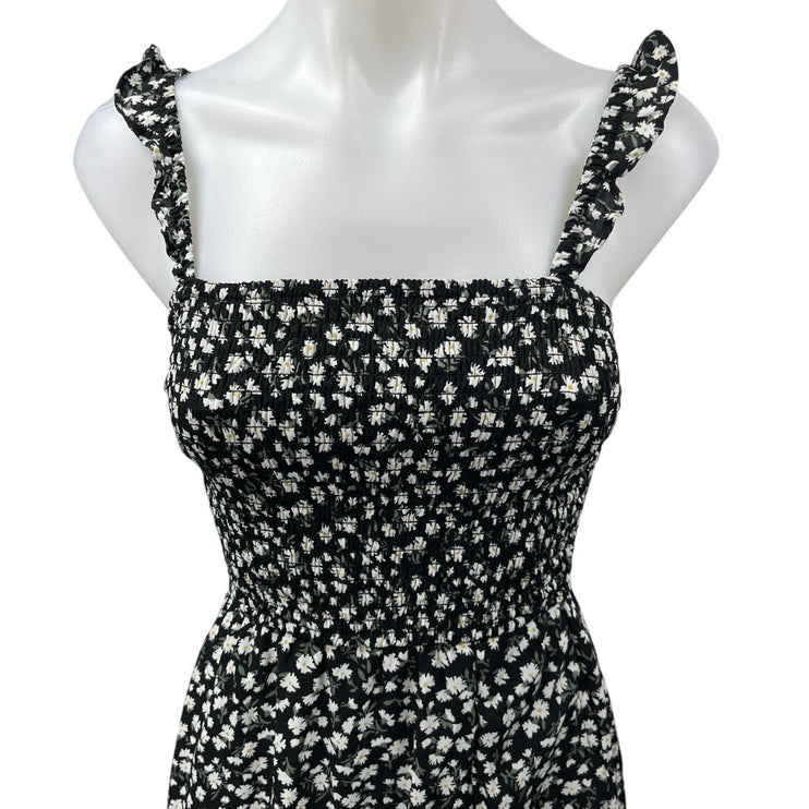 Abercrombie & Fitch Black Floral Sleeveless Smocked Slit Midi A-line Dress Sz XS