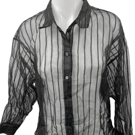 DR2 Women's Black Striped Long Sleeve Button Down Sheer Tunic Blouse Shirt Top M