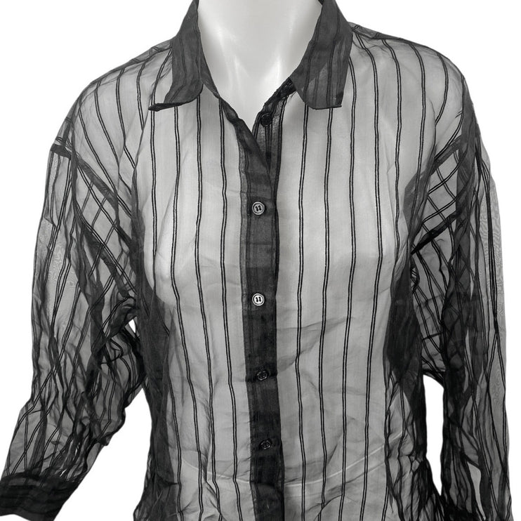 DR2 Women's Black Striped Long Sleeve Button Down Sheer Tunic Blouse Shirt Top M