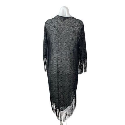 Rain Patterned Black Fringe Tassel Batwing Sleeve Poncho Shawl Cardigan Top Sz M