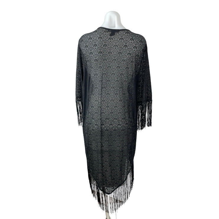 Rain Patterned Black Fringe Tassel Batwing Sleeve Poncho Shawl Cardigan Top Sz M